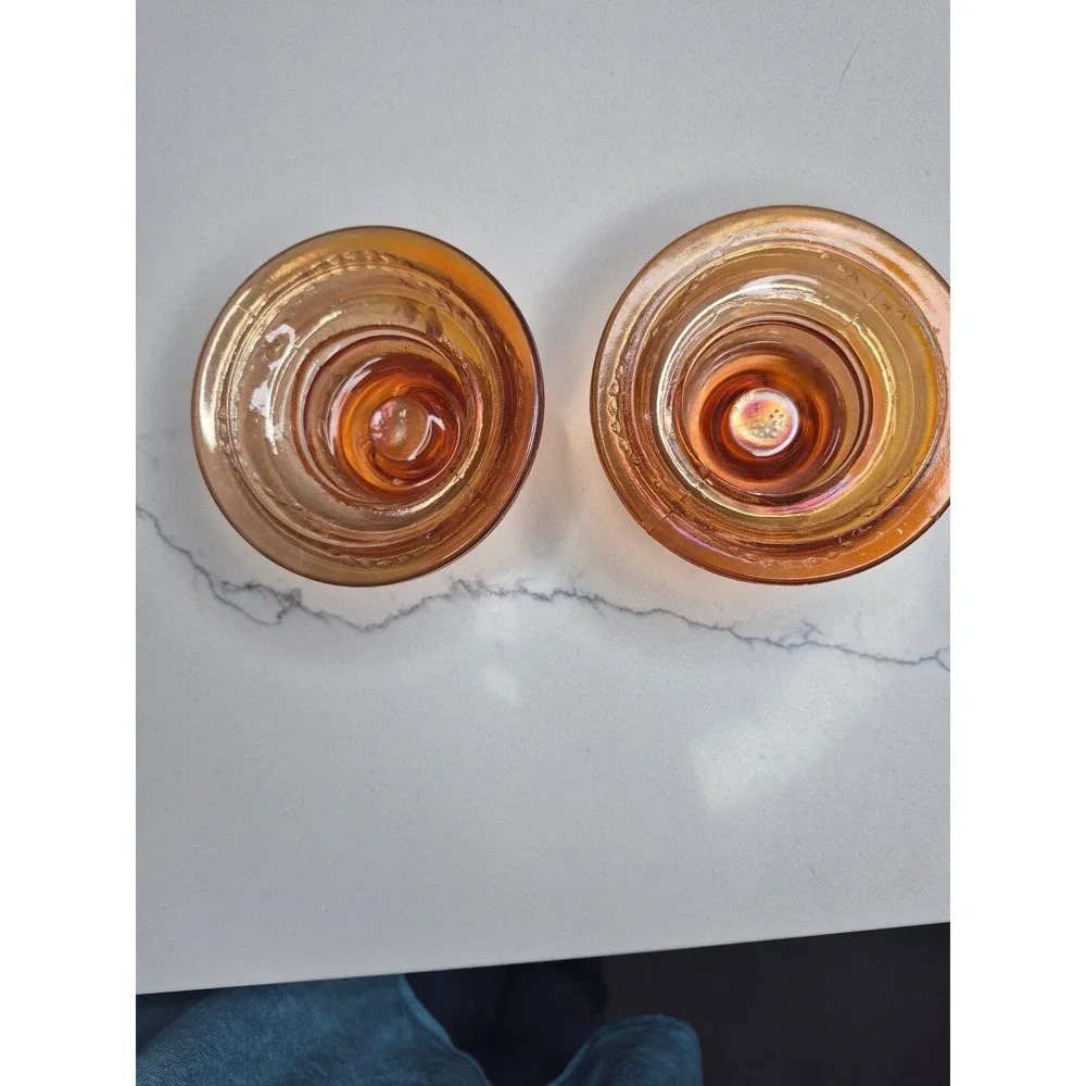 Vintage Amber Iridescent Federal Glass Candle Holders Set of 2 Embossed‎ Floral